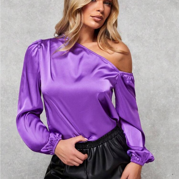 Luxe Satin Asymmetrical Neck Off One Shoulder Long Sleeve Satin Top Blouse - Picture 6 of 16